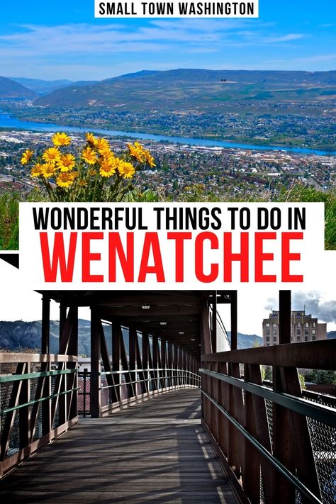 Photo from a Wenatchee hike over the city with yellow flowers. Photo of a bridge in Wenatchee WA. Text reads "wonderful things to do in Wenatchee." Small Town Washington, Lake Wenatchee, Wenatchee Wa, Wenatchee Washington, Washington Trip, Washington State Travel, Washington Travel, Trip Destinations, Visit Usa