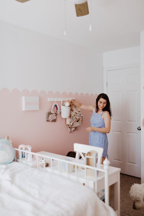 How To Paint a Scalloped Wall | Loving Littles Princess Room Paint Ideas Wall Colors, Scalloped Pink Wall, Scalloped Half Wall, Painted Wall Nursery, Scallop Wall, Wall Painting Designs, Girls Bedroom Paint, Half Painted Walls, Disney Princess Room