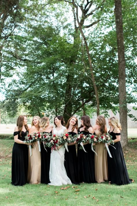 Bridesmaids in gold and black dresses Gold And Black Dresses, Black White And Gold Wedding, White And Gold Wedding, Green And Burgundy, Black Gold Wedding, Black And Gold Wedding, Wedding Color Combos, Gold Wedding Dress, Gold Bridesmaid Dresses