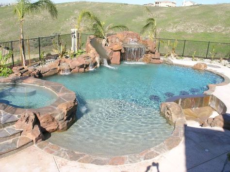 In Ground Pools Backyard Ideas, In Ground Pools Backyard, Backyard Pool With Slide, Pool With Slide, Backyard Pool Design, Kleiner Pool Design, Beach Entry Pool, Swimming Pool House, Pools Backyard