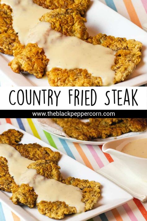 Country Fried Steak Recipe (aka Chicken Fried Steak) - Simple recipe for how to make the best country fried steak with white country gravy. Comfort food just like from Shoney's and Cracker Barrel restaurants. Country Fried Steak And Gravy Recipe, White Country Gravy, Fried Cube Steaks, Country Fried Steak Recipe, Cracker Barrel Recipes, Chicken Fried Steak Recipe, Fried Steak Recipes, Country Gravy, Country Fried Steak