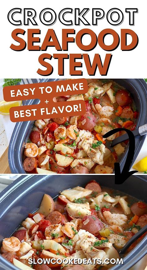 If you're looking for a flavorful and easy meal that will fill your kitchen with the enticing aromas of the sea, then this Slow Cooker Seafood Stew is the perfect crockpot meal idea. This seafood recipe combines tender cod, juicy shrimp, and delicious smoked sausage, all cooked together in a rich, flavorful broth. Crockpot Seafood Stew is sure to become a family favorite! Seafood Crockpot Recipes Slow Cooker, Seafood Crockpot Recipes, Crockpot Fish Recipes, Crockpot Fish, Slow Cooker Seafood, Crockpot Seafood, Seafood Stew Recipes, Shrimp Stew, Crockpot Soups