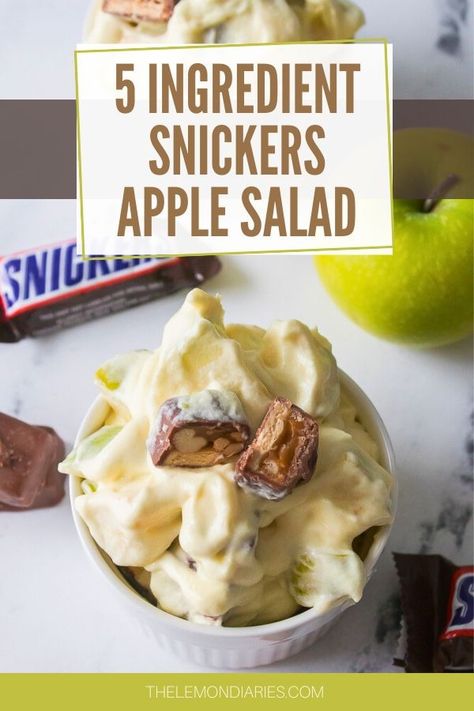 5 Ingredient Snickers Apple Salad-The Lemon Diaries Snicker Apple Salad, Snickers Salad, Red Apron, Apple Salad, Fruit Salads, Dressing Recipes, Picnic Foods, Bridal Veils, Yummy Desserts