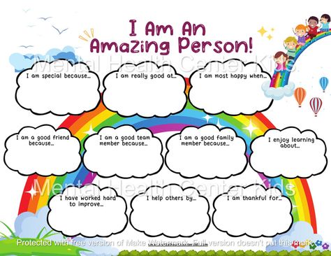 "I Am an Amazing Person" Worksheet – Mental Health Center Kids Kids Therapy Worksheets, Confidence Activities For Kids, Cbt For Kids, Therapy Worksheets For Kids, Self Esteem Crafts, Self Esteem Activities For Kids, Mental Health For Kids, Expressive Therapy, Mentally Healthy