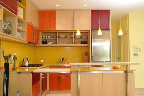 37 Examples of Color Psychology on Room Interiors – Maverick & Blueberry Yellow Kitchen Designs, White Kitchen Appliances, Playful Palette, Dark Wood Kitchens, Gym Room At Home, Black Countertops, Wooden Dining Set, Beautiful Kitchen Designs, Fun Kitchen