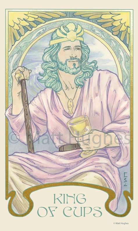 King of Cups tarot card from the tarot deck by Art Nouveau artist Matt Hughes. King Of Cups Tarot, Ethereal Visions Tarot, King Of Cups, Cups Tarot, World Mythology, Pentacles, Principles Of Art, Tarot Cards Art, Tarot Card Meanings