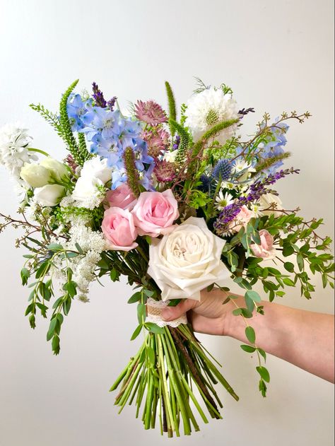 Pink And Blue Wildflower Bouquet, Pink Wild Flower Bouquet, Pink Purple Blue Wedding, Pastel Wildflower Bouquet, Wedding Pantone, Whimsical Wedding Bouquet, Wedding Color Schemes Blue, Wildflower Wedding Bouquet, Soft Pink Wedding