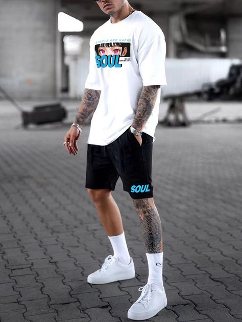 Black and White Casual Collar Short Sleeve  Figure,Letter  Embellished Slight Stretch  Men Co-ords Air Force 1 Outfit Men, Sporty Outfits Men, Nike Air Force 1 Outfit, Mens Shorts Outfits, Gym Outfit Men, Mens Summer Outfits, Mens Casual Outfits Summer, Stylish Men Casual, Street Style Outfits Men