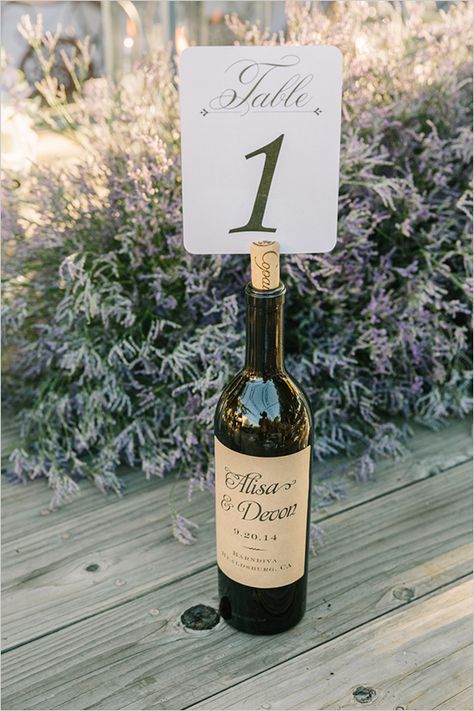 Elegant Lavender Wedding, Wine Bottle Table, Table Numbers Wedding Diy, Wedding Table Number Holders, Rustic Table Numbers, Custom Wine Bottles, Diy Table Numbers, Bottle Centerpieces, Rustic Wedding Centerpieces