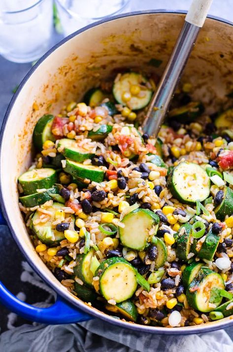 30 Healthy Zucchini Recipes {Reader Favorites} - iFOODreal Tex Mex Rice And Beans, Tex Mex Rice, Healthy Mexican Rice, Vegetables And Rice, Zucchini Side Dishes, Veggie Ideas, Rice And Beans Recipe, Zucchini Recipes Healthy, Rice Skillet