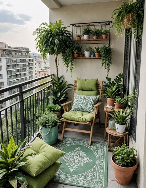 Balcony Decoration With Plants, Small Green Apartment, Cozy Balcony Ideas, Patio Ideas Townhouse, Balcon Mic, Small House Blueprints, Balkon Decor, Small Balcony Ideas Apartment, Small Balcony Garden