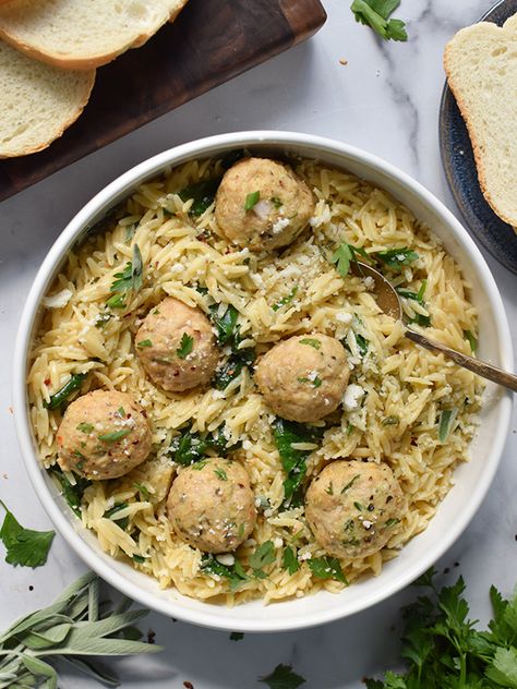 Sage Chicken Meatballs, Ground Chicken Recipes For Dinner, Chicken Orzo Pasta, Sage Chicken, Parmesan Orzo, Baked Chicken Meatballs, Creamy Orzo, Yogurt Marinated Chicken, Chicken Recipes For Dinner