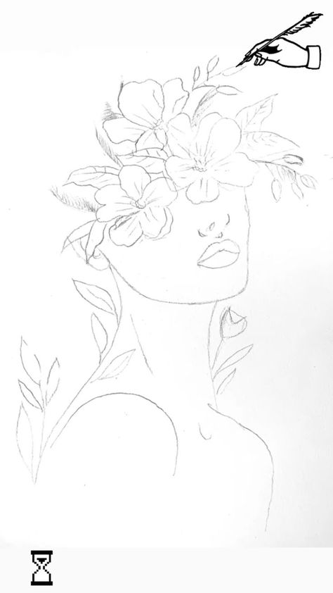 Minimalist girl sketch - WIP | Flower drawing, Flower art drawing, Drawings Flowers On Face Drawing, Head With Flowers Coming Out Drawing, Flower Person Drawing, Cool Flower Drawings, Earthy Drawings, Minimalist Girl, Flower Art Drawing, Flower Sketches, Seni Cat Air