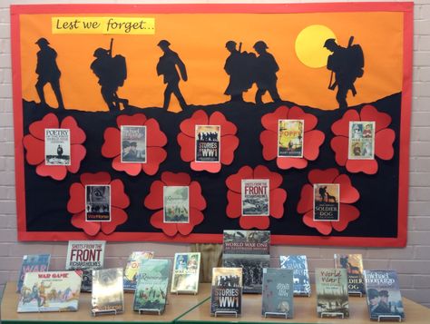 Charity Shop Display Ideas, Poppy Craft For Kids, School Library Book Displays, School Library Bulletin Boards, Remembrance Day Activities, Paper Poppies, School Library Decor, Teaching Displays, Remembrance Day Art