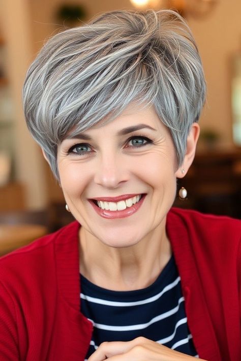 22. Chic Silver Pixie This chic silver pixie is the perfect way to embrace natural gray with style and confidence. The cool silver tones enhance the Pixie Grey Hair, Ash Brown Lowlights, Silver Pixie, Hairstyles For Seniors, Brunette Pixie, Red Pixie, Over 60 Hairstyles, Blonde Layers, Tousled Waves