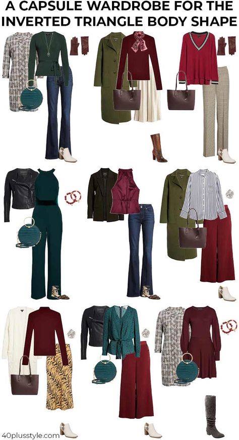 Business Casual Outfits Inverted Triangle, Capsule Wardrobe For Inverted Triangle Body Shape, Capsule Wardrobe For Inverted Triangle, Outfits For Inverted Triangle Shaped Women, Skirt For Inverted Triangle Body Shape, How To Dress For An Inverted Triangle Body Shape, Style For Inverted Triangle Body Shape, Inverted Triangle Outfits Black Women, Inverted Triangle Fall Outfits