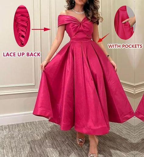 Amazon.com: Tea Length Evening Gown with Pockets Bow Off The Shoulder Pleated Aline Satin Formal Party Dress,White,16 : Clothing, Shoes & Jewelry Tea Party Formal Dress, 2024 Ootd, Party Dress White, Gown With Pockets, Bow Dresses, Party Formal Dress, 16th Birthday Outfit, Satin Evening Gown, Off Shoulder Gown