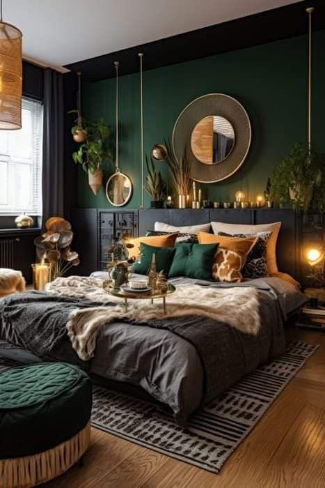 Green Dark Wood Bedroom, Rustic Green Bedroom Ideas, Dark Green And Gray Bedroom, Moody Master Bedrooms Decor Cozy, Green And Copper Bedroom, Green Yellow Bedroom, Green Brown Bedroom, Copper Bedroom, Green Apartment