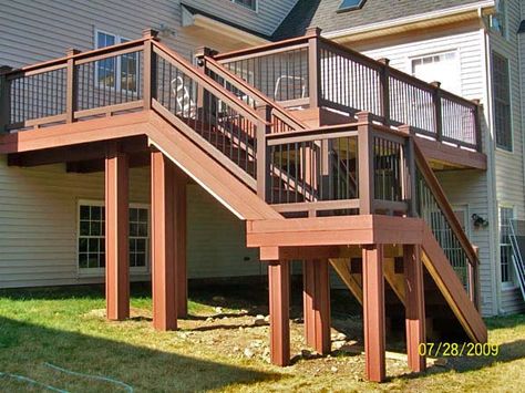 Tall Deck with stairs and landing Deck Stairs Landing, Deck Staircase, Home Deck, Patio Stairs, Patio Steps, Deck Steps, Exterior Stairs, Stair Landing, Deck Designs Backyard