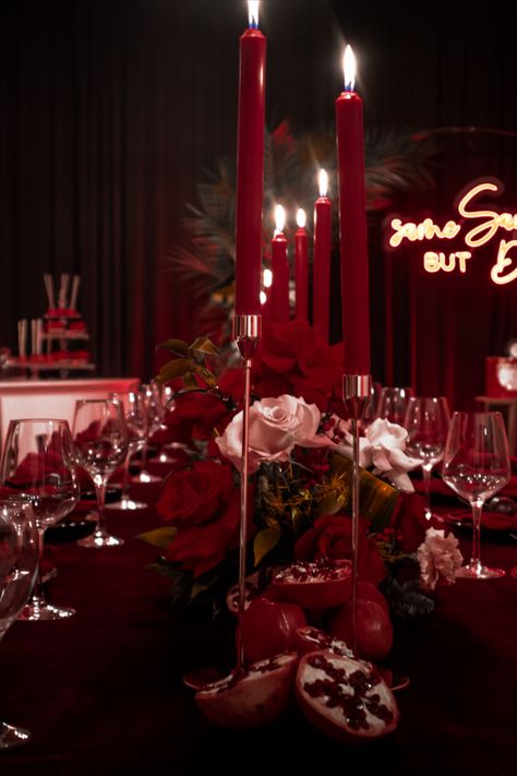 Red is the ultimate cure for sadness. Ruby Red Birthday Theme, Red Dinner Party Decor, 50 Shades Of Red Party Ideas, All Red Birthday Party, Dark Red Birthday Decorations, Dark Red Birthday Party, Red Rose Party Theme, Red Roses Birthday Party Ideas, Red Rose Birthday Theme