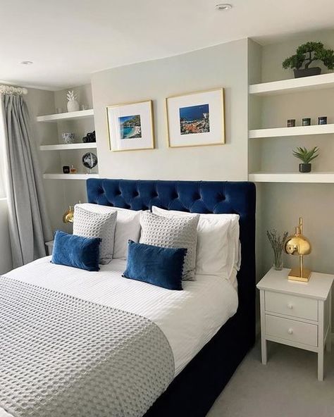 Blue Headboard Bedroom Decor, Room With Blue Bed, Bedrooms With Blue Headboards, Cozy Bedroom Blue Bed, Velvet Blue Bedroom Ideas, Blue Bedframe Bedroom Ideas Velvet, Royal Blue And White Bedroom Ideas, Bedding For Blue Headboard, Dark Blue Bed Frame Bedroom Ideas