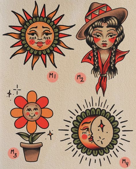 Traditional Earthy Tattoos, American Traditional Peace Sign Tattoo, Traditional Tattoo Art Feminine, Inner Lower Leg Tattoos Women, Traditional Tiki Drink Tattoo, List Of Tattoo Ideas, Spring Break Tattoos, Vintage American Traditional Tattoo, Sun And Moon American Traditional Tattoo