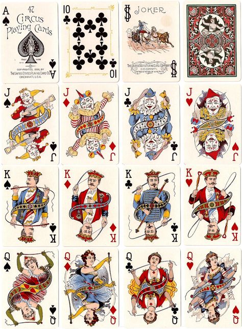 Circus No.47, issued by the United States Playing Card Company, 1896 Playing Card Crafts, Printable Playing Cards, Custom Playing Cards, Playing Cards Art, Joker Card, Playing Cards Design, Cool Deck, Circus Art, 카드 디자인