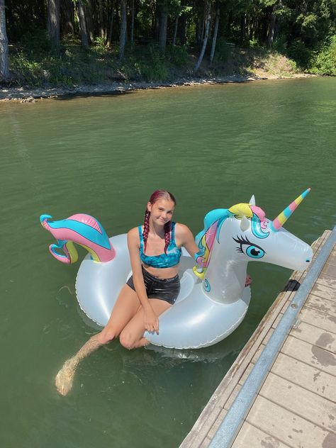 swimming with the unicorn floatie:) Swimming With Pigs, Unicorn Laying Down, Unicorn Floatie Aesthetic, Swim With Dolphins Aesthetic, Unicorn Floaties, Playing Mermaids In The Pool, Pool Float, Float, Swimming