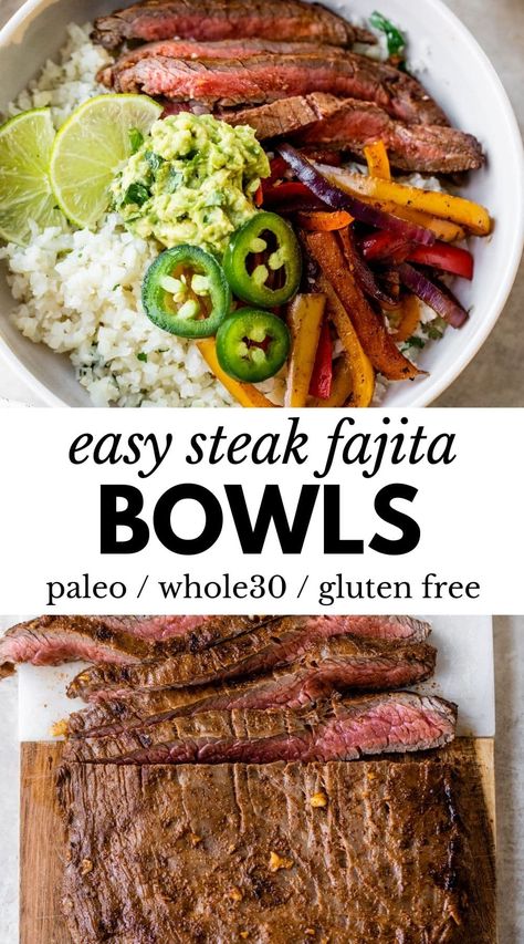 Flank Steak Burrito Bowl, Healthy Steak Fajita Bowl, Steak Bowls, Sautéed Peppers, Steak Bowl, Healthy Steak, Chipotle Burrito, Sauteed Peppers And Onions, Steak And Rice