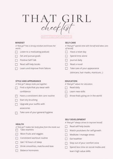 That girl checklist #selfgrowth #affirmations #quotes #glowup #beautytips #skincare #personaldevelopment #SelfCare   #SelfCareChecklist   #SelfCareIdeas   #SelfCareVisionBoard. Find out more here 👉 https://www.theworldaccordingtome.org/1790248_revitalize-your-mind-25-self-care-ideas-for-at-home-stress-relief/?selfcare Selfcare Routine Checklist, Self-care Routine List, Self Maintenance Checklist, Selfcare To Do List, Maintenance Routine List, Self Care Maintenance Checklist, Dream Life Checklist, Every Girl Needs, It Girl Daily Routine