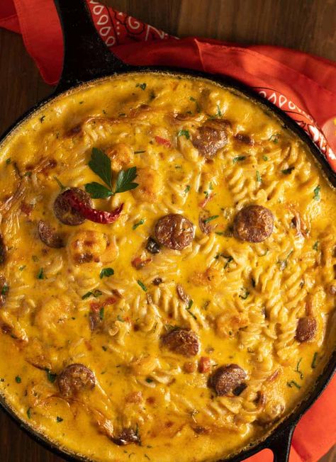 Mac And Cheese With Shrimp, Mac And Cheese Gluten Free, Cajun Mac And Cheese, Sausage Mac And Cheese, Shrimp And Sausage, Cajun Sausage, Spiral Pasta, Beef Sausage, Shrimp Seasoning