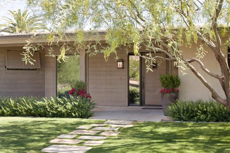 awning-shutter-ranch-exterior-7fcd9158 Gray Ranch House Exterior, White Ranch House Exterior, White Ranch House, Brick Ranch Exterior, Landscaping Walkways, Exterior Refresh, Sidewalk Ideas, Cement Pavers, Circle Window