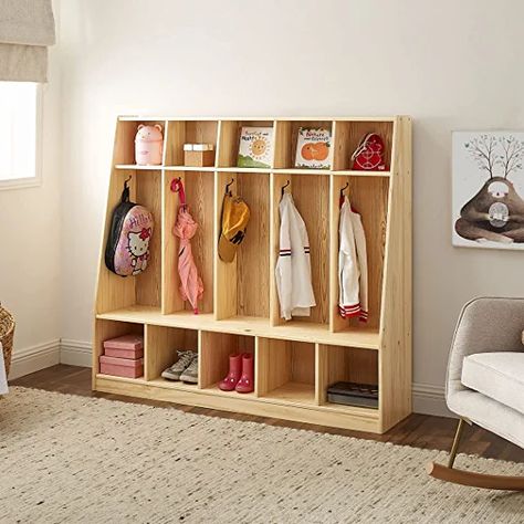 Furniture For Classroom, In Home Daycare Ideas Small Spaces, Daycare Cubbies, Daycare Office, Office Mudroom, School Bag Storage, Tying Shoes, Safe Lockers, Backpack Hanger