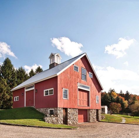 Old Fashioned red barn, stone foundation, metal roof Old Barn Restoration, Barn Foundation, Crop Pics, Barn Exterior, Stone Foundation, Bank Barn, Barn Plan, Edit Image, Red Farmhouse