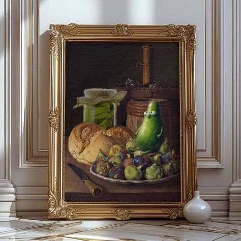 Pickle Art, Thrift Store Upcycle Art, Vintage Oil Painting Printed Poster, Funny Altered Art, Quirky Kitchen Wall Art, Altered Still Life by FusionMM on Etsy Thrift Store Art Makeover, Pickle Art, Thrift Store Art, Upcycle Art, Art Altéré, Thrift Store Upcycle, Quirky Kitchen, Poster Funny, Upcycled Art