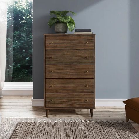 5 Drawer 34.5'' W Solid Wood Chest Airy Aesthetic, Furniture Mid Century, Contemporary Design Style, Eucalyptus Wood, 5 Drawer Chest, Wood Chest, Bedroom Furniture Dresser, Furniture Deals, Drawer Chest