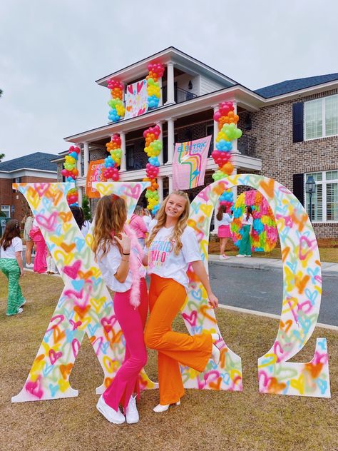 Neon Bid Day Theme, 80s Sorority Theme, Recruitment Themes Ideas, New Bids On The Block Bid Day, Electric Love Bid Day, Neon Bid Day, Unique Bid Day Themes, Chi Omega Bid Day, Sorority Work Week