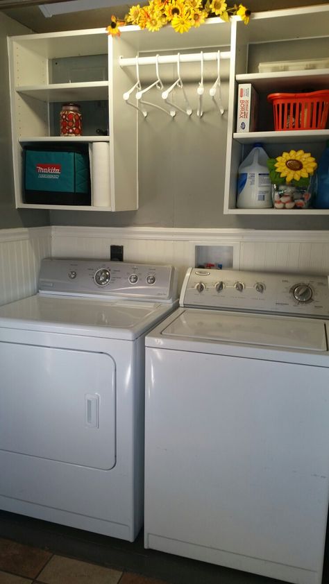 Clean Laundry Room Ideas, Organization Ideas For Small Laundry Room, Single Wide Laundry Room, Laundry Room Set Up, Laundry In Bathroom Ideas Small Spaces, Diy Small Laundry Room Ideas, Small Laundry Room Cabinet Ideas, Closet Laundry Room Makeover, Top Loader Laundry Room