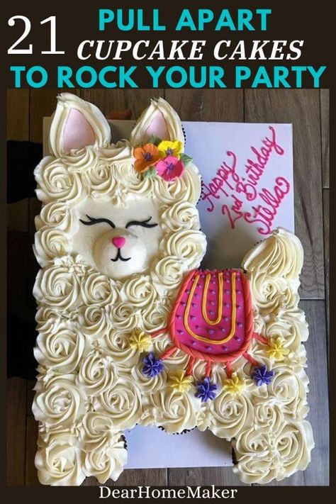 21 Best Pull Apart Cupcake Cake Ideas | Dear Home Maker Flower Cupcake Cake, Pull Apart Cupcake Cake, Giraffe Cakes, Pull Apart Cake, Cake Pulls, Pull Apart Cupcakes, Cake Templates, Llama Birthday, Animal Cakes