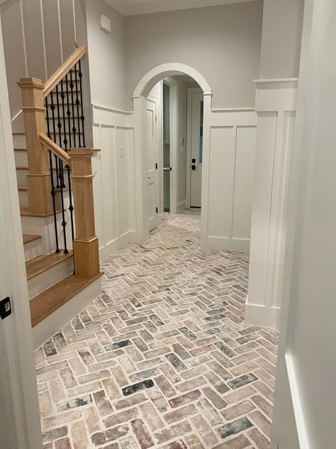 Herringbone Brick Floor, Pantry Door Ideas, Herringbone Brick, Brick Floor, Kitchen Transformation, Brick Flooring, The Staircase, Farmhouse House, Pantry Door