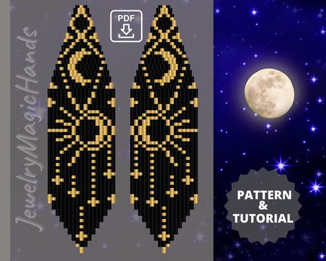 Pattern and tutorial on making long beaded earrings. Following step by step you will get beautiful earrings. PDF file includes: ⚫ STEP by STEP  Tutorial on weaving with a Brick Stitch in English ⚫ Picture of the pattern ⚫ Bead legend with the color, number and quantity of beads ⚫ Bead chart ⚫ Word chart only for fringes part of earrings. These earrings are made from Miyuki Delica beads (size 11). Draw your attention! Since the pattern is made in the program, the color of the seed beads in stores Earrings Sun And Moon, Diy Necklace Patterns, Space Earrings, Moon Day, Star Space, Seed Bead Jewelry Patterns, Beaded Earrings Diy, Drops Patterns, Brick Stitch Pattern