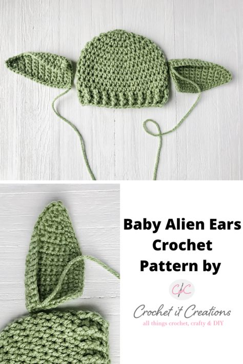 Baby Alien Ears Crochet Pattern - Crochet It Creations Baby Yoda Hat Crochet Pattern, Yoda Crochet Hats, Alien Crochet, Alien Ears, Havana Twists, Crochet Baby Projects, Pola Topi, Star Wars Crochet, Crochet Baby Hat