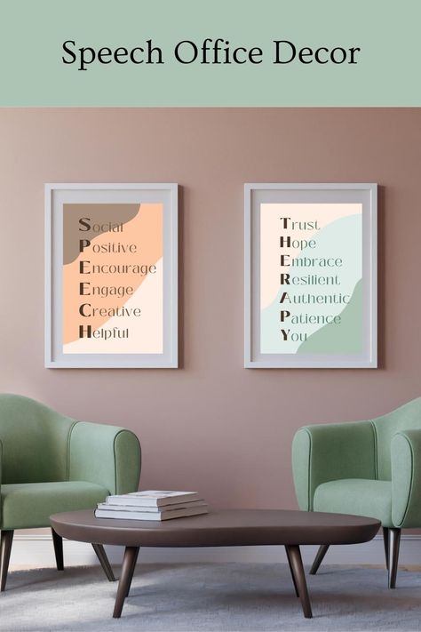 These 2 complementary Speech Therapy posters are ideal for your empty speech room/office walls. Not only will they look beautiful, but they are also meaningful - giving some insight into what the characteristics of Speech Therapy are. As clients wait for their appointment with you, they can read some of the valuable aspects of therapy. Speech Therapist Office, Speech Therapy Clinic Design, Speech Therapy Office Decor, Slp Posters, Speech Therapy Office, Speech Therapy Room Decor, Speech Therapy Posters, Speech Therapy Room, Clinic Interior