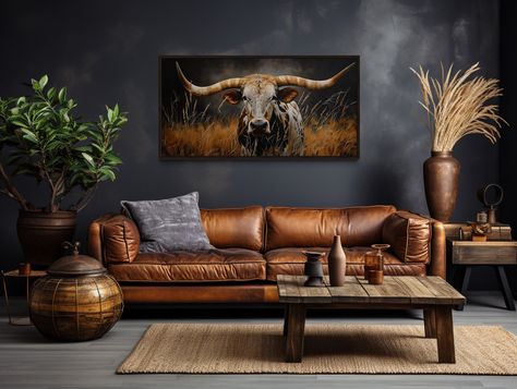 Bring a touch of rustic charm to your home with this Texas Longhorn Steer in Grass Dark Brown Painting. This extra-large canvas print captures the majestic presence of a Texas Longhorn steer in a pastoral setting, perfect for adding a touch of farmhouse elegance to any room. The rich dark brown tones and detailed depiction create a captivating focal point, ideal for living rooms, bedrooms, or entryways. Available framed and ready to hang, this artwork provides a stylish and effortless way to enh Large Farmhouse Wall Art, Western Living Room, Bull Painting, Longhorn Steer, Large Farmhouse, Brown Painting, Texas Longhorn, Extra Large Canvas, Rustic Wall Art