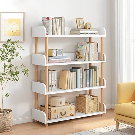 Amazon.com: OSCHF 4-Tier Wooden Open Bookcase - Modern Display Bookshelf with Top Edge and Solid Wood Frame for Home and Office, Storage Cabinet, Oak : Home & Kitchen Scandinavian Bookshelf, Simple Bookshelf, Open Bookshelves, Open Bookcase, Wood Bookcase, Estantes Flotantes, Vertical Frames, Bookcase Storage, Fabric Bins