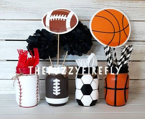 Jar Room Decor, Sports Themed Centerpieces, Concessions Banner, Snoopy Baby Shower, Sports Centerpieces, Sports Baby Shower Theme, Sports Theme Birthday, Barnyard Party, Bumble Bee Baby Shower