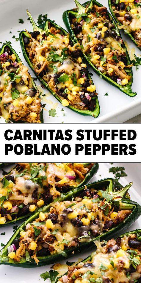 Recipe Black Beans, Instant Pot Carnitas Recipe, Poblano Recipes, Instant Pot Carnitas, Poblano Peppers Recipes, Stuffed Poblanos, Mexican Stuffed Peppers, Week Meals, Most Pinned Recipes