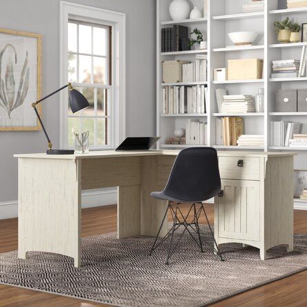 August Grove® Saraghna L-Shape Desk | Wayfair Setup Pc, L Shaped Executive Desk, L Shape Desk, Desk Wood, White Shiplap, Bush Furniture, L Shaped Desk, Executive Desk, Home Office Space