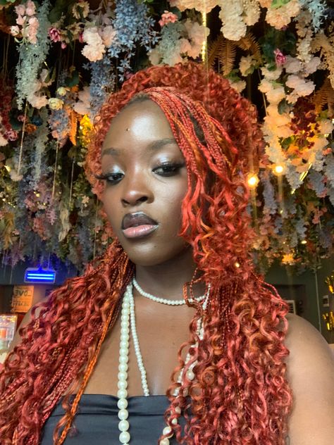 Pick And Drop Braids Red, Orange Braids With Curls, Crinkle Braids, Orange Braids With Beads, Red Orange Braids, Red And Orange Braids, Ginger And Pink Braids, Orange Braids For Black Women, Red French Curl Braids