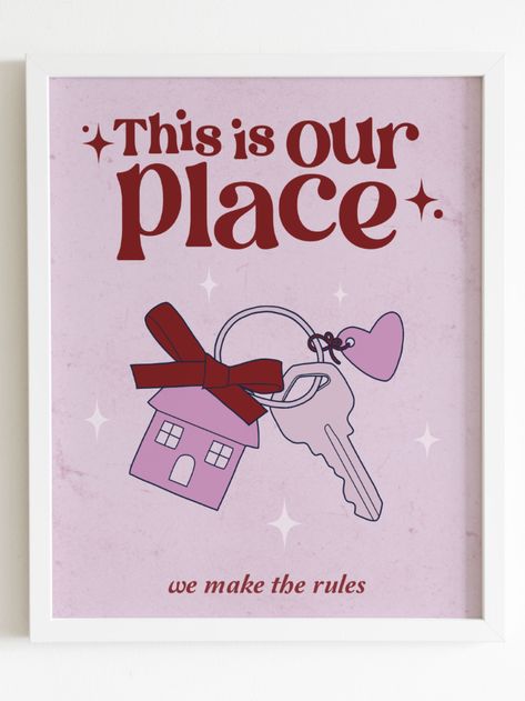 This red & pink poster is the perfect house warming, new home gift, especially for your Swiftie friend! This art print would also be the perfect gift for your significant other for moving in together. It has the lyrics of Taylor's song, from her album Lover, "this is our place we make the rules" with a house key & a heart charm. This Is Our Place We Make The Rules, New Apartment Gift Ideas, Manchester Apartment, Apartment Gift Ideas, Eclectic Poster, First Apartment Decor, Aesthetic Frames, Eras Party, Dorm Prints